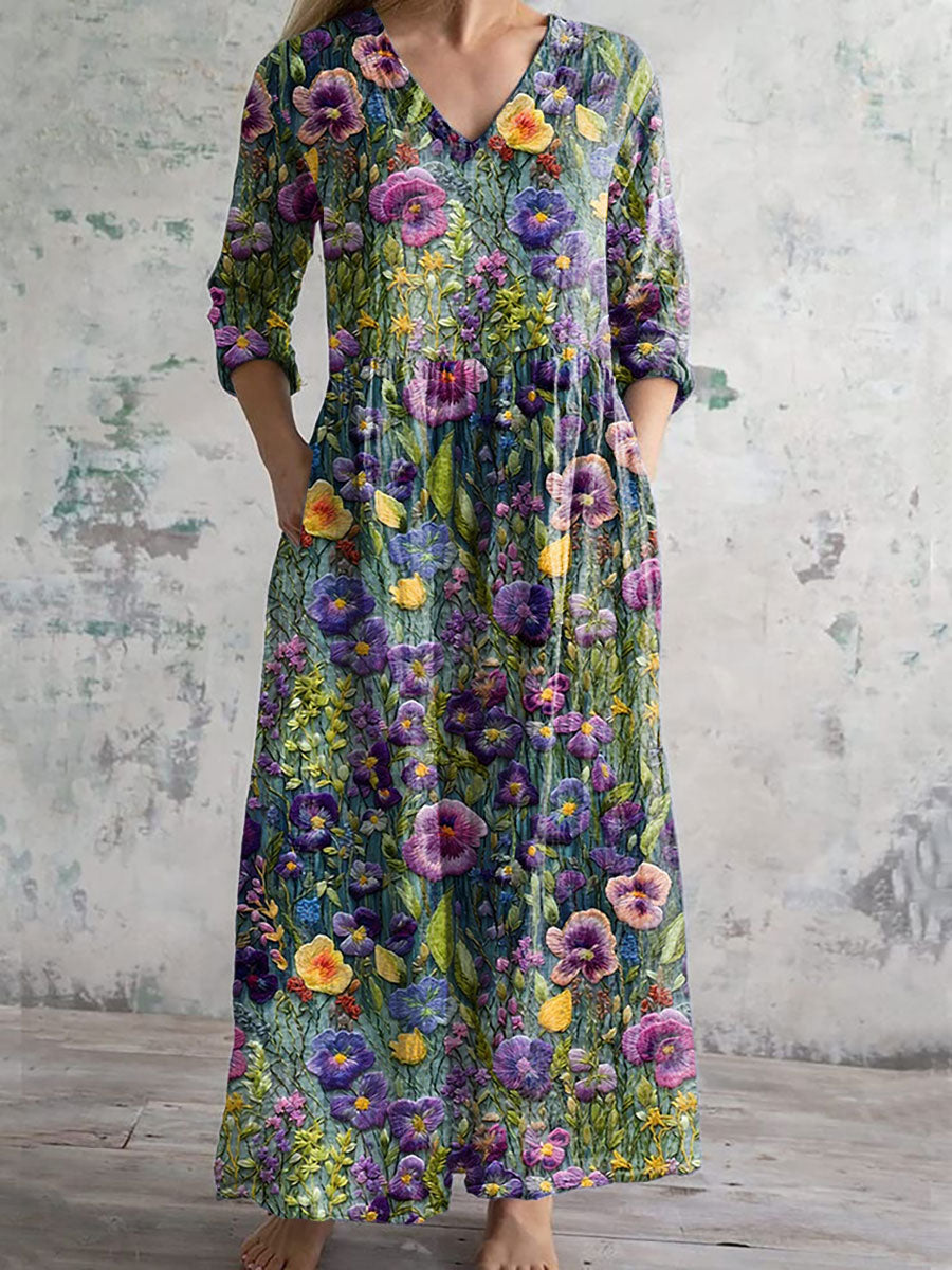 Women's Alzheimer's Awareness Purple Floral Printed V-neck Dress With Pockets