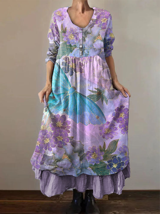 Women's Alzheimer's Awareness Purple Floral Printed Elegant Long Sleeve Double-layered Long Skirt