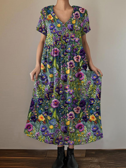 Women's Alzheimer's Awareness Purple Floral Printed V-Neck Elegant Short Sleeve Dress