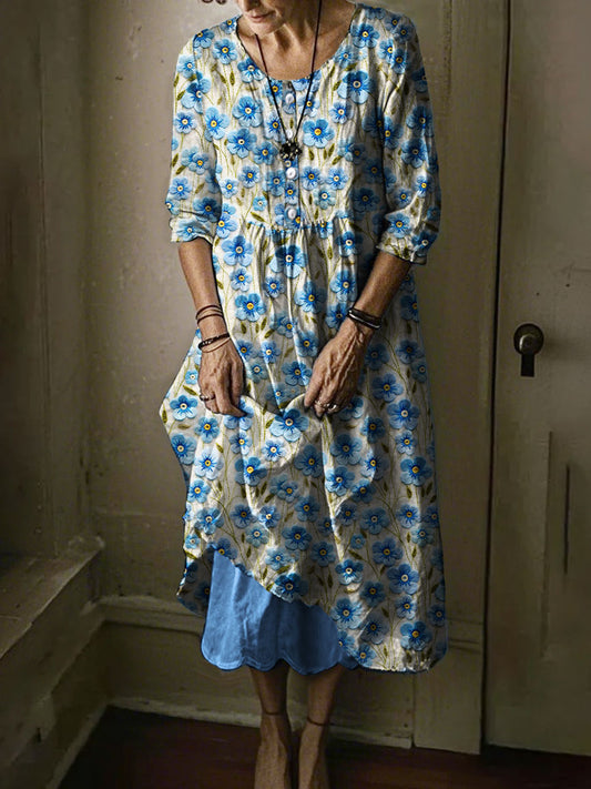 Women's Alzheimer's Awareness Forget Me Not Blue Floral Printed Dress