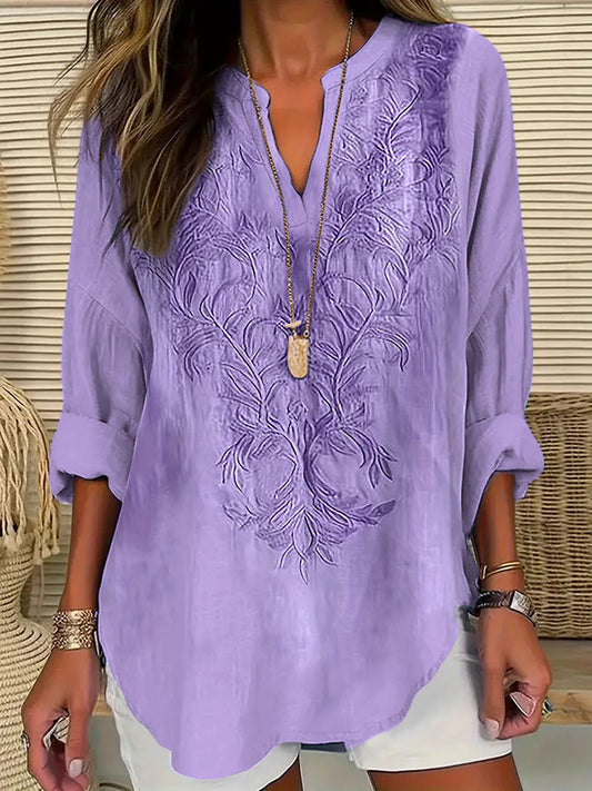 Women's Alzheimer's Awareness Purple Floral Printed Elegant Long Sleeve V-Neck Shirt