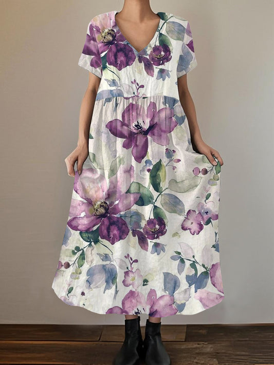 Women's Alzheimer's Awareness Purple Floral Printed Elegant Short Sleeve Maxi Dress