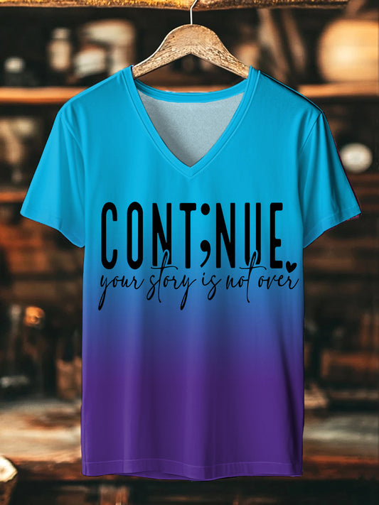 Women's Continue Your Story Is Not Over Gradient Print Mental Health V-Neck Tee
