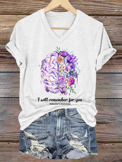 Women's I Will Remember For You Alzheimer's Awareness Support V-Neck Tee