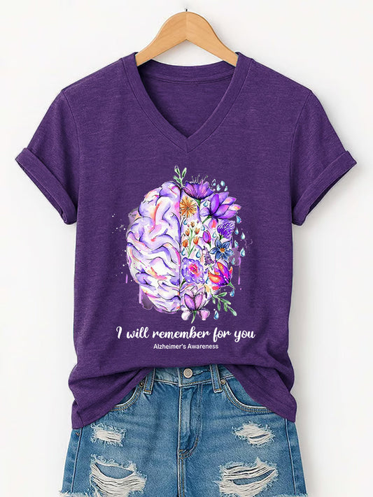 Women's I Will Remember For You Alzheimer's Awareness Support V-Neck Tee