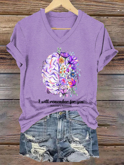 Women's I Will Remember For You Alzheimer's Awareness Support V-Neck Tee