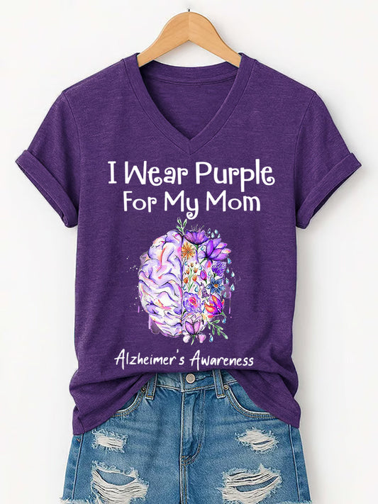 Women's I Wear Purple For My Mom Alzheimer's Awareness Support V-Neck Tee