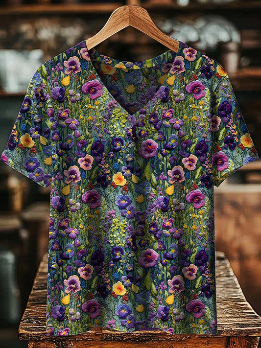 Women's Alzheimer's Awareness  Floral Printed Short Sleeve T-Shirt