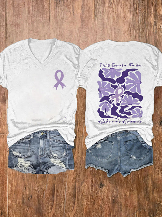 Women's Alzheimer's Awareness I Will Remember For You Floral Printed Short Sleeve T-Shirt