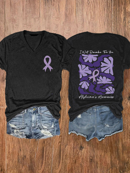 Women's Alzheimer's Awareness I Will Remember For You Floral Printed Short Sleeve T-Shirt