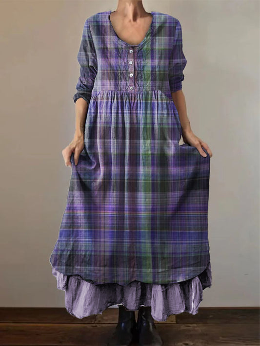 Women's Alzheimer's Awareness Purple Grid Printed Long Sleeve Double-layered Long Skirt