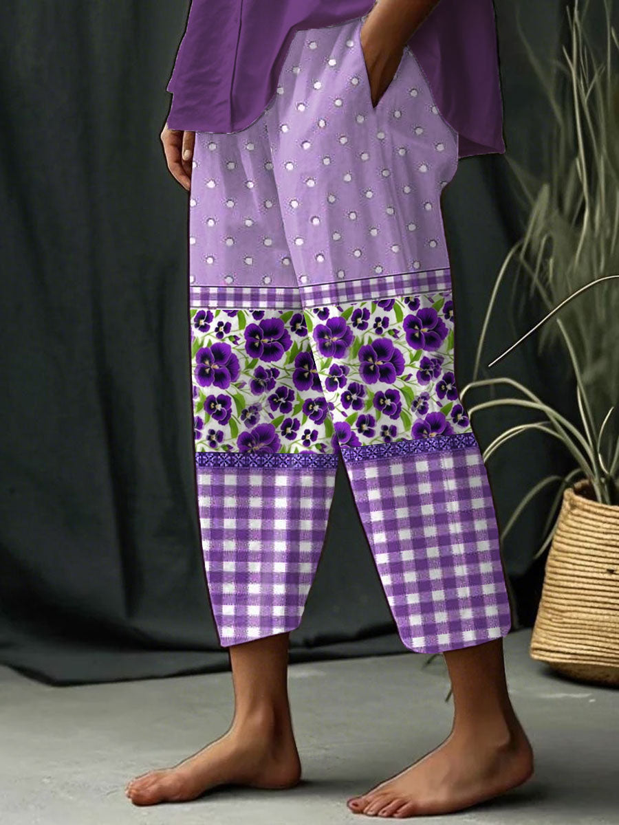 Women's  Alzheimer's Awareness Purple Floral Pansy Printed Pants