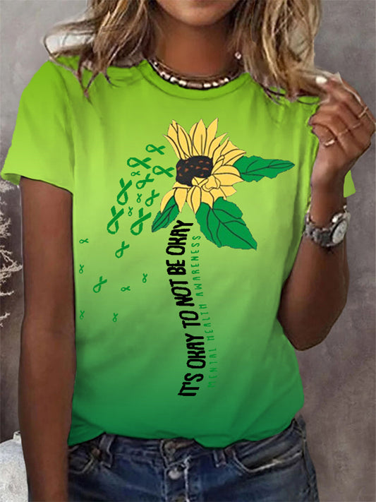 Women's It's Okay To Not Be Okay Mental Health Awareness Green Ribbon Sunflower Print Tee
