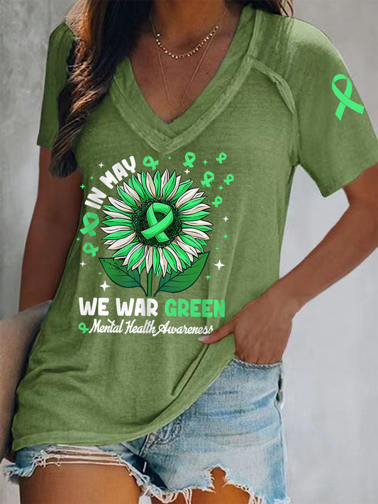 Women's In May We Wear Green Mental Health Awareness V-Neck Tee