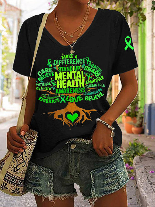 Women's In May We Wear Green Mental Health Awareness V-Neck Tee