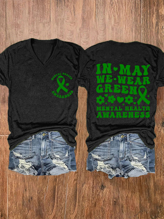 Women's In May We Wear Green Mental Health Awareness V-Neck Tee