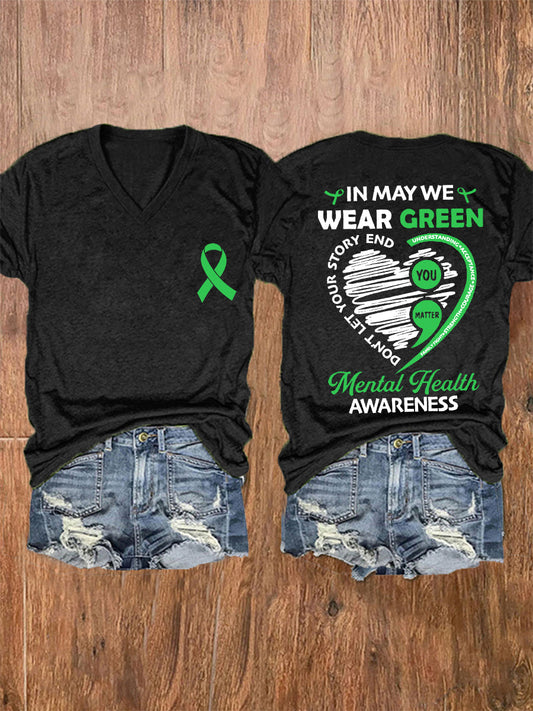 Women's In May We Wear Green Mental Health Awareness V-Neck Tee