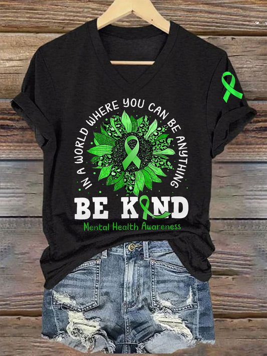 Women's Be Kind Mental Health Awareness Green Ribbon V-Neck Tee