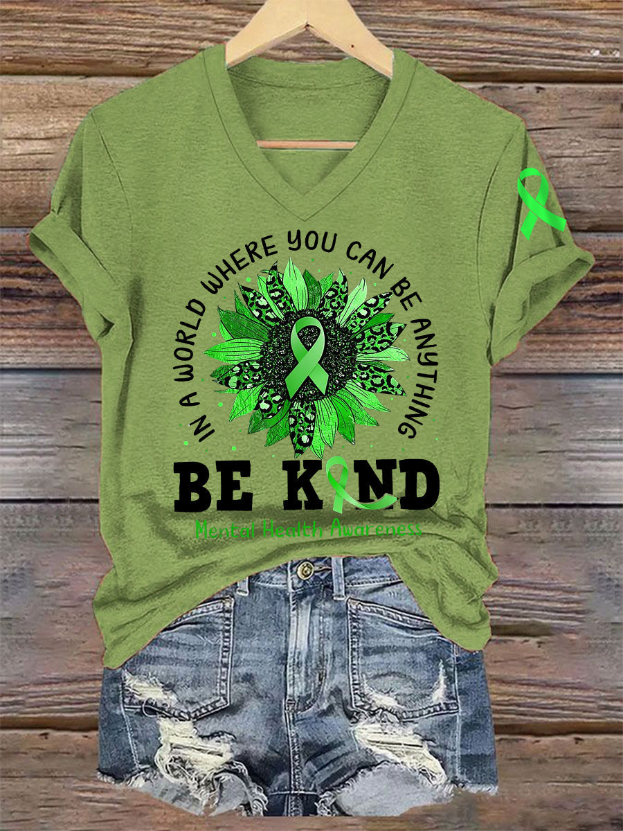Women's Be Kind Mental Health Awareness Green Ribbon V-Neck Tee