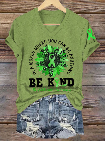 Women's Be Kind Mental Health Awareness Green Ribbon V-Neck Tee