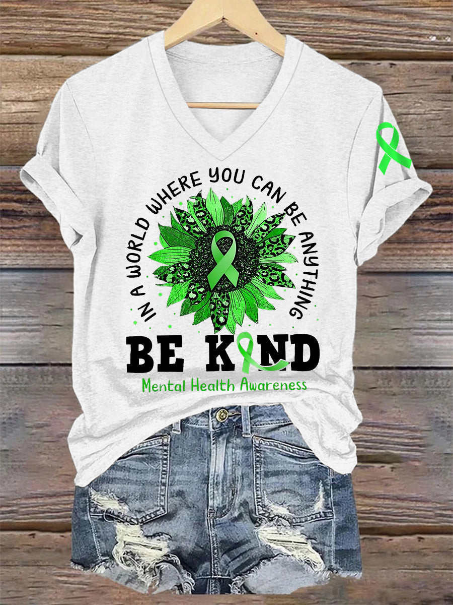 Women's Be Kind Mental Health Awareness Green Ribbon V-Neck Tee