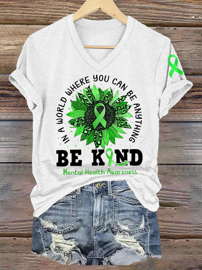 Women's Be Kind Mental Health Awareness Green Ribbon V-Neck Tee