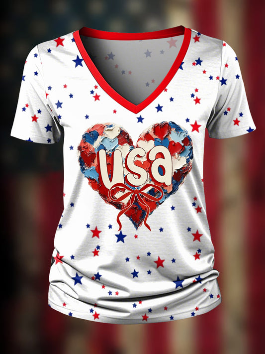 Women's 4th Of July Day USA Heart Brushstroke T-Shirt