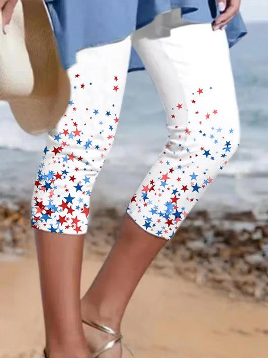 Women's Independence Day Red White Blue Stars Print Cropped Leggings