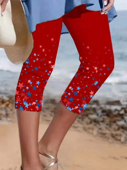 Women's Independence Day Red White Blue Stars Print Cropped Leggings