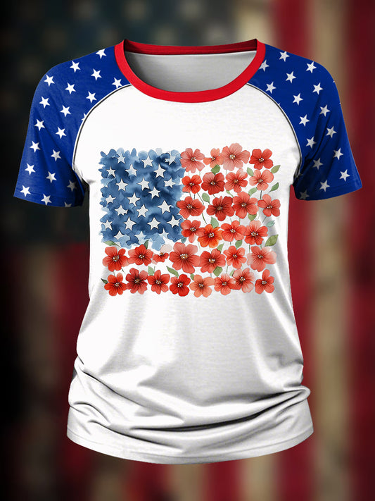 Women's 4th Of July Day Floral Flag Brushstroke T-Shirt