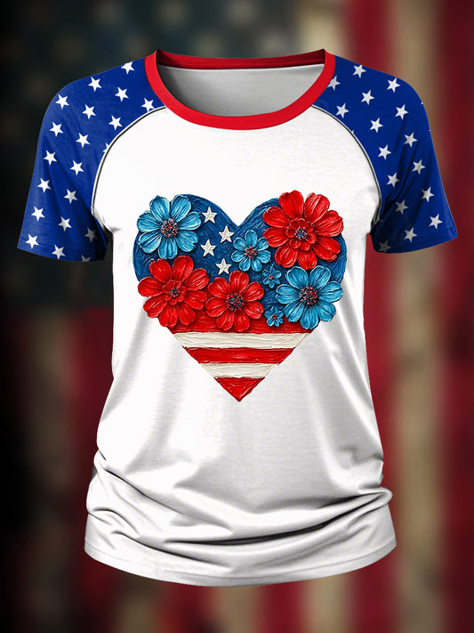 Women's 4th Of July Day Floral Heart Brushstroke T-Shirt
