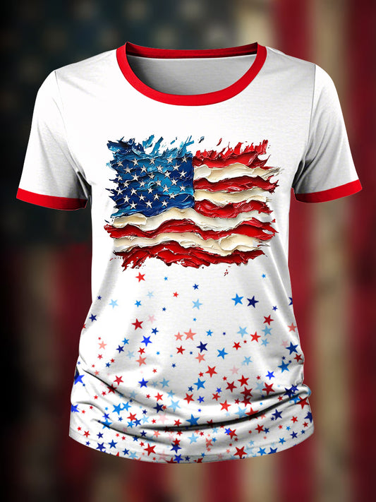 Women's 4th Of July Day Flag Brushstroke T-Shirt