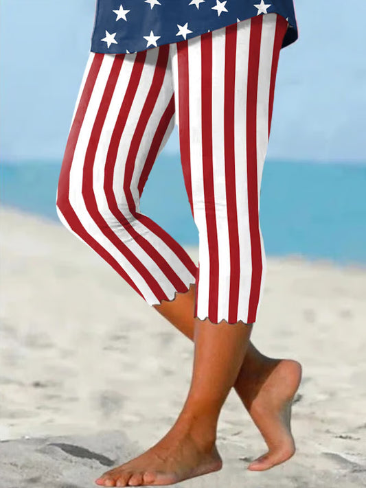Women's Independence Day Red Stripes Print Cropped Leggings