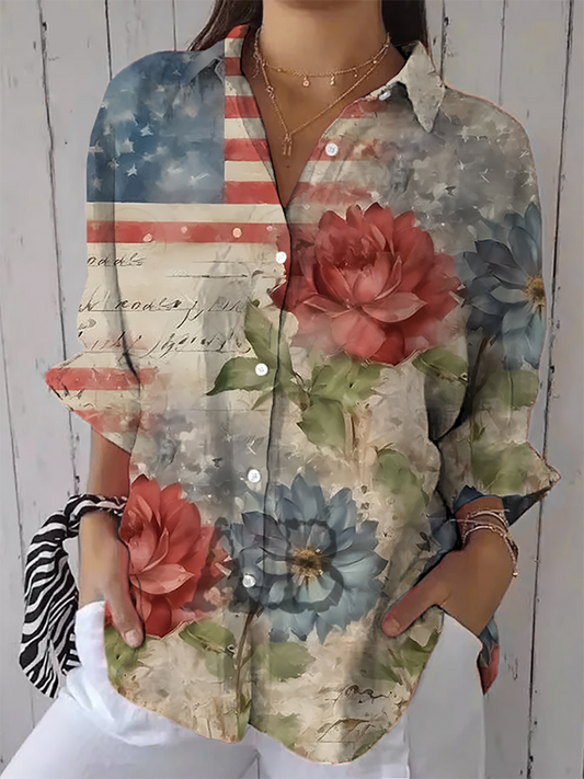 Women's Independence Day Floral Print Casual Shirt