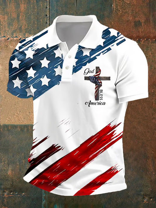 Men's God Bless America American Flag Cross Print Casual Polo