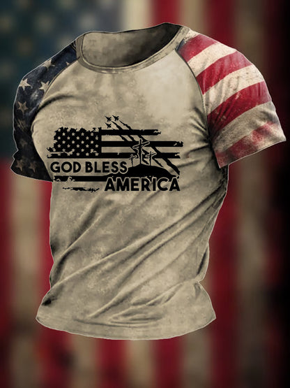 Men's God Bless America Christian Cross Flag Printed Short Sleeve T-shirt