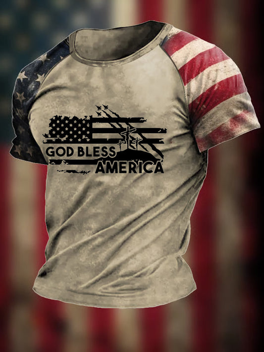Men's God Bless America Christian Cross Flag Printed Short Sleeve T-shirt