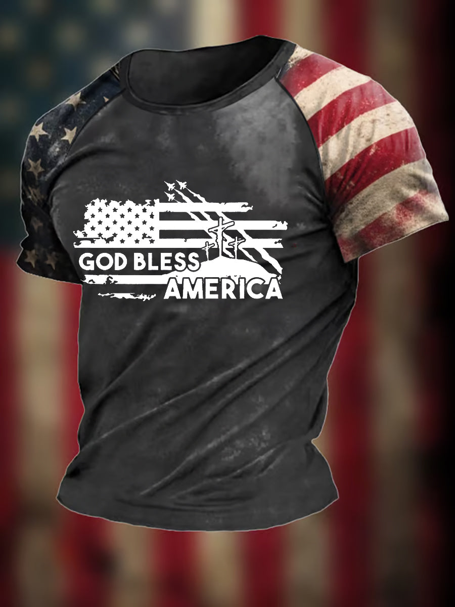 Men's God Bless America Christian Cross Flag Printed Short Sleeve T-shirt