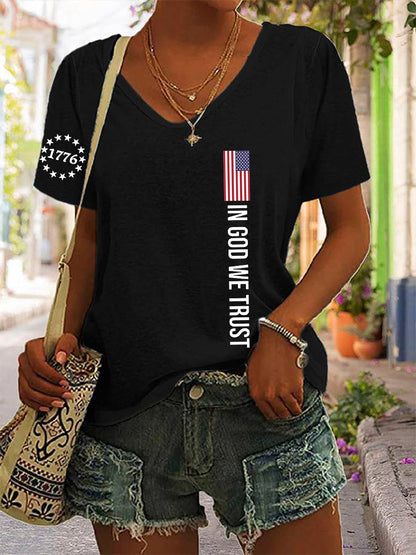 Women's In God We Trust Flag Printed Cotton V-neck T-shirt