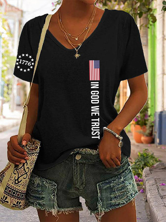 Women's In God We Trust Flag Printed Cotton V-neck T-shirt