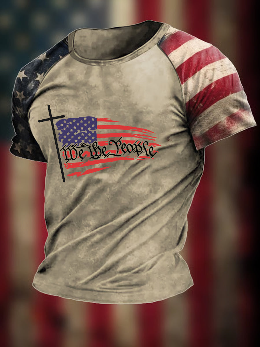 Men's We The People Christian Cross Flag Printed Short Sleeve T-shirt