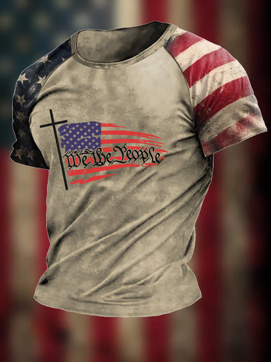 Men's We The People Christian Cross Flag Printed Short Sleeve T-shirt