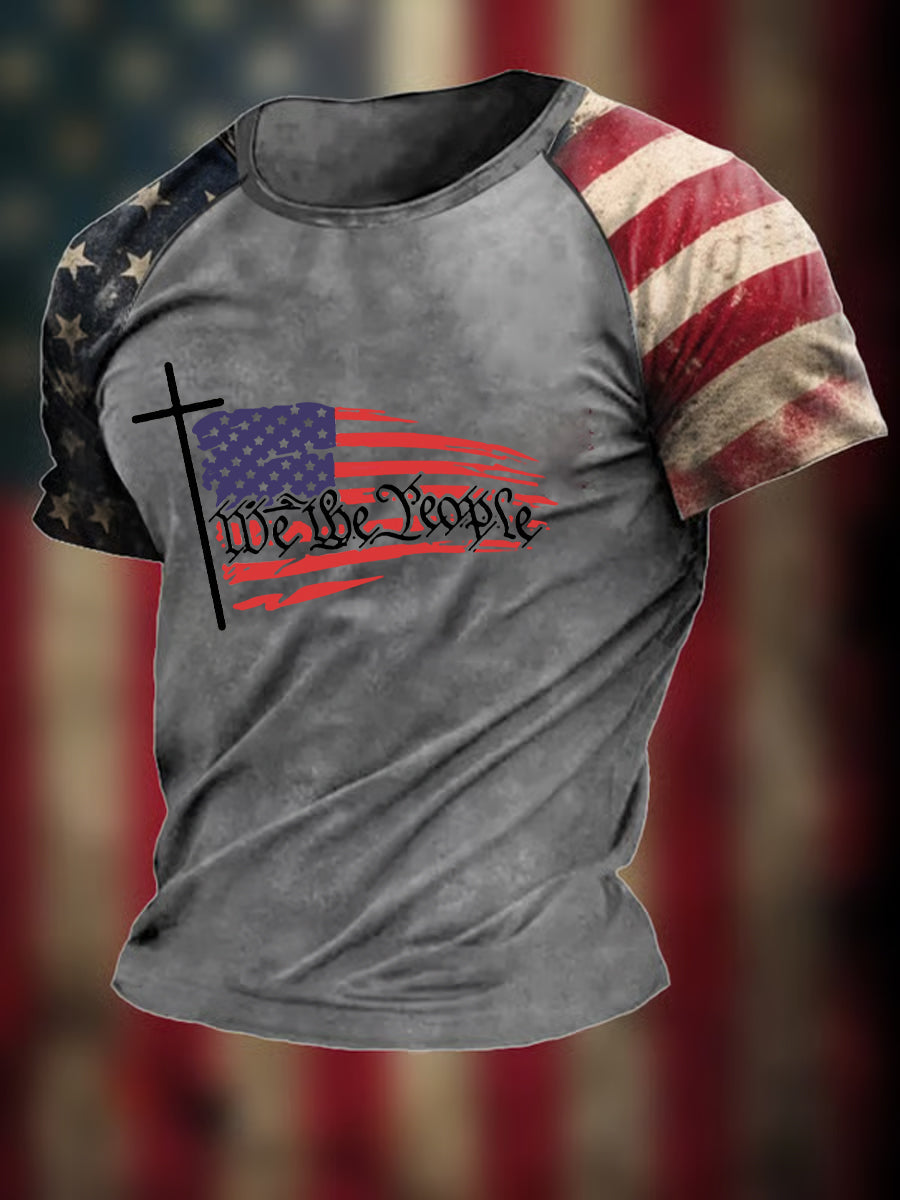 Men's We The People Christian Cross Flag Printed Short Sleeve T-shirt