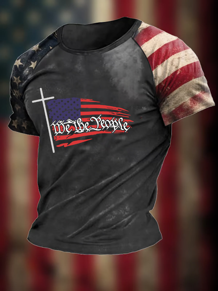 Men's We The People Christian Cross Flag Printed Short Sleeve T-shirt