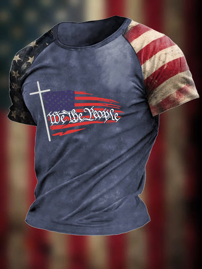 Men's We The People Christian Cross Flag Printed Short Sleeve T-shirt
