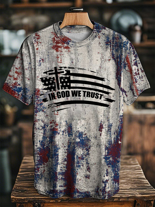 Women's In God We Trust Flag Faith Cross Printed Short Sleeve T-Shirt