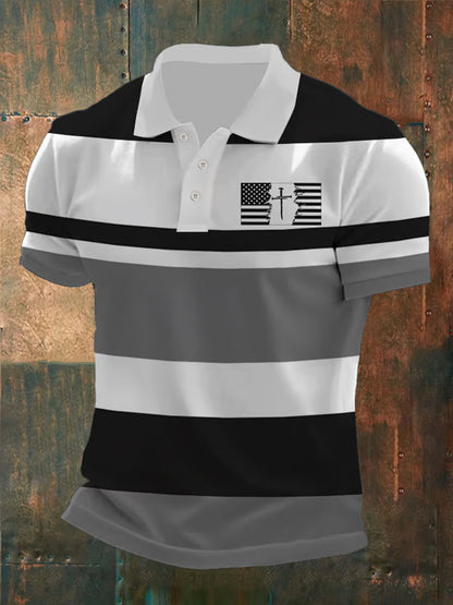 Men's Faith Cross American Flag Print Casual Short Sleeve POLO Shirt