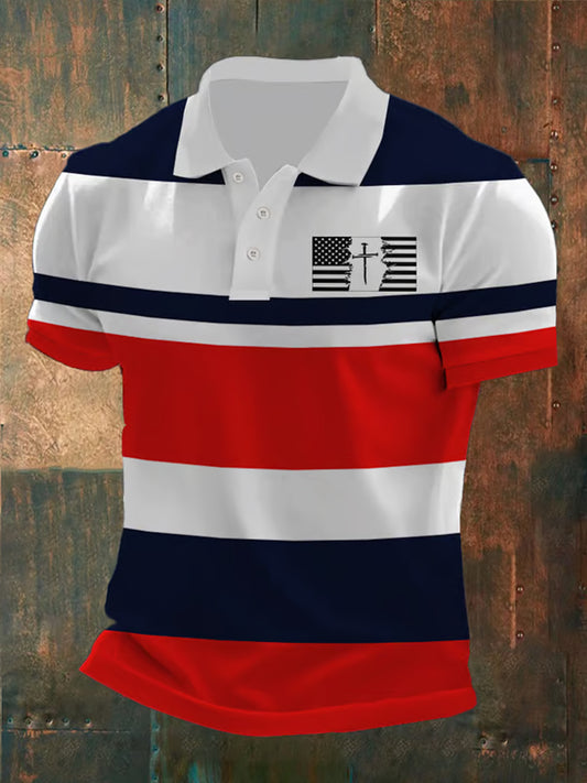 Men's Faith Cross American Flag Print Casual Short Sleeve POLO Shirt