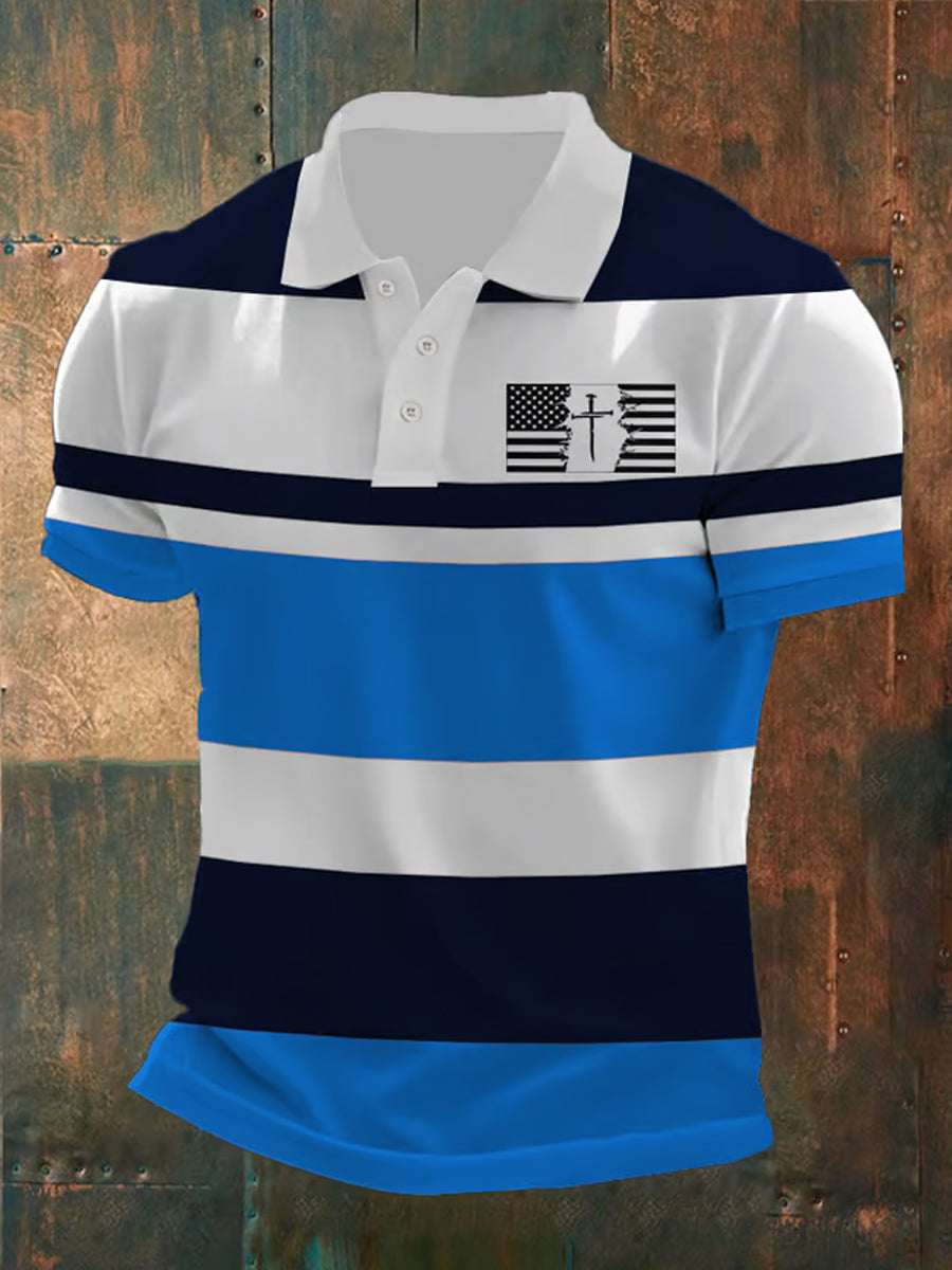 Men's Faith Cross American Flag Print Casual Short Sleeve POLO Shirt