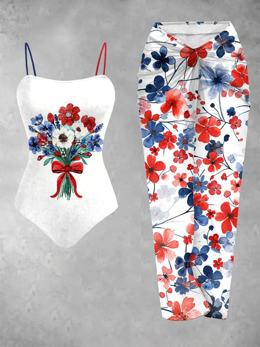 Women's Independence Day floral-print one-piece swimsuit 2-piece set